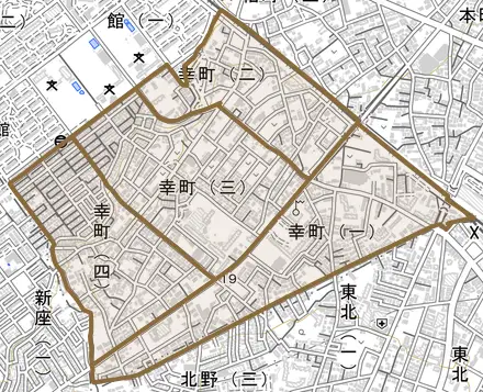 幸町とその周辺の地図。町の範囲を重ねている
