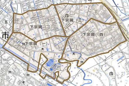 下宗岡とその周辺の地図。町の範囲を重ねている
