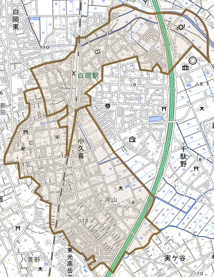 小久喜とその周辺の地図。町の範囲を重ねている