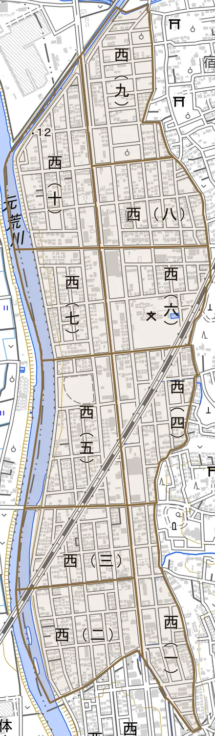 西とその周辺の地図。町の範囲を重ねている