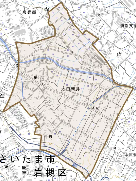太田新井とその周辺の地図。町の範囲を重ねている