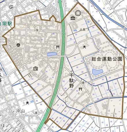 千駄野とその周辺の地図。町の範囲を重ねている