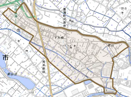 下大崎とその周辺の地図。町の範囲を重ねている