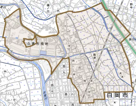 篠津とその周辺の地図。町の範囲を重ねている