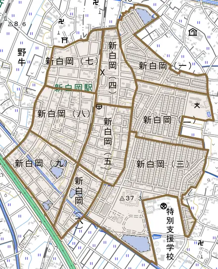 新白岡とその周辺の地図。町の範囲を重ねている