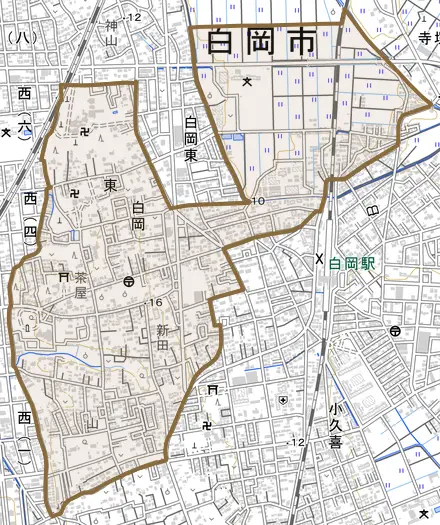 白岡とその周辺の地図。町の範囲を重ねている