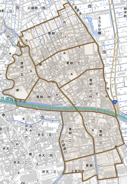 青柳とその周辺の地図。町の範囲を重ねている