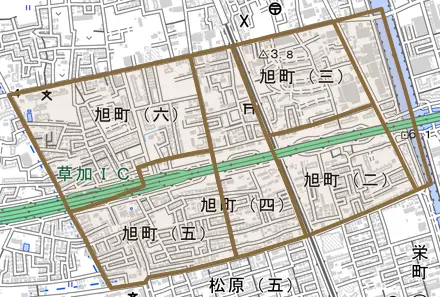 旭町とその周辺の地図。町の範囲を重ねている