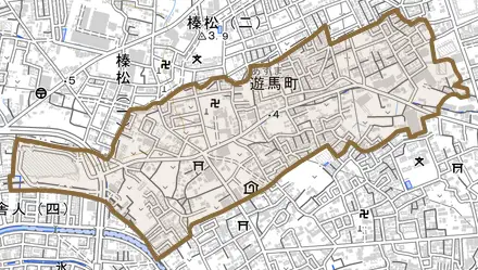 遊馬町とその周辺の地図。町の範囲を重ねている