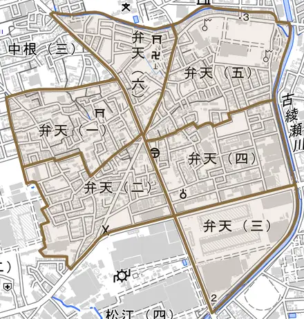 弁天とその周辺の地図。町の範囲を重ねている