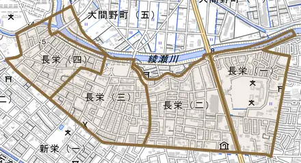 長栄とその周辺の地図。町の範囲を重ねている
