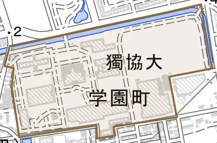 学園町とその周辺の地図。町の範囲を重ねている