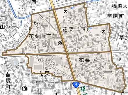 花栗とその周辺の地図。町の範囲を重ねている