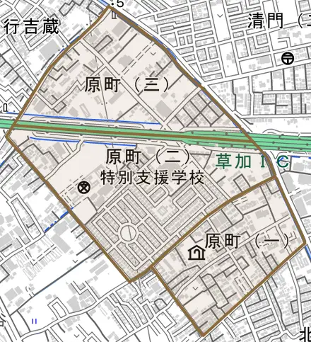 原町とその周辺の地図。町の範囲を重ねている