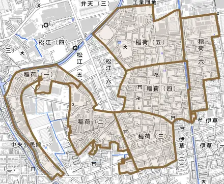 稲荷とその周辺の地図。町の範囲を重ねている