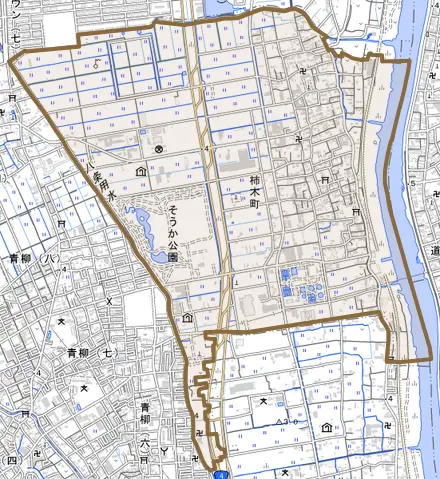 柿木町とその周辺の地図。町の範囲を重ねている
