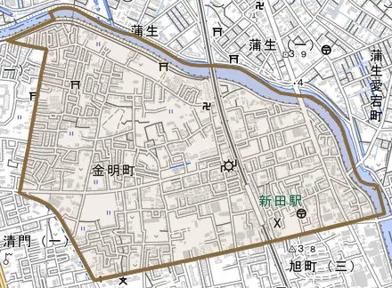 金明町とその周辺の地図。町の範囲を重ねている