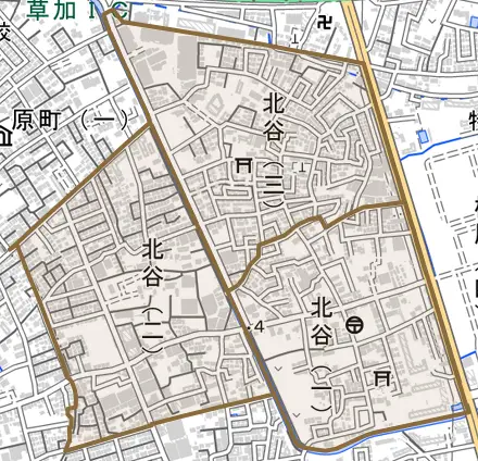 北谷とその周辺の地図。町の範囲を重ねている