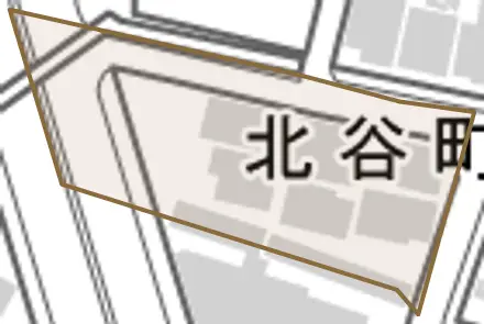北谷町とその周辺の地図。町の範囲を重ねている