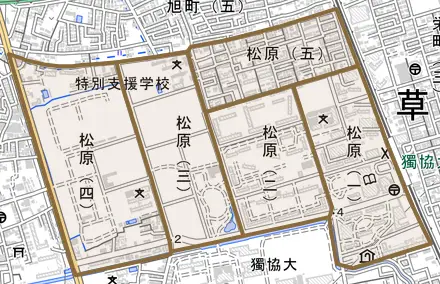 松原とその周辺の地図。町の範囲を重ねている