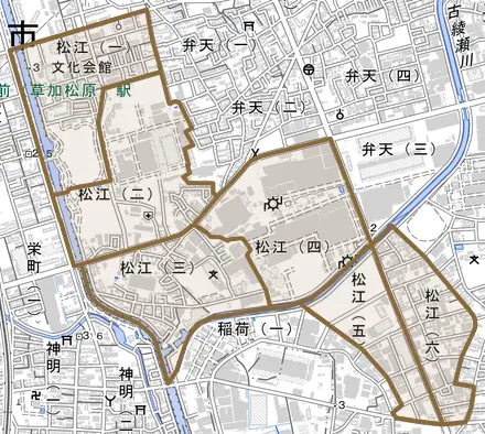 松江とその周辺の地図。町の範囲を重ねている