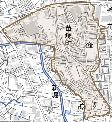 苗塚町とその周辺の地図。町の範囲を重ねている
