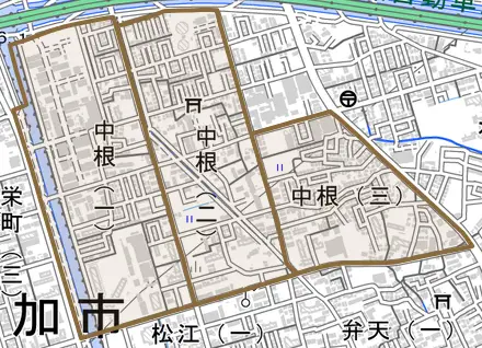 中根とその周辺の地図。町の範囲を重ねている
