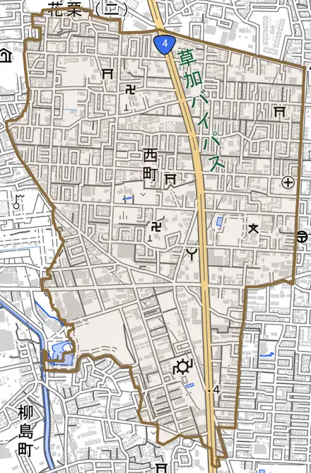 西町とその周辺の地図。町の範囲を重ねている