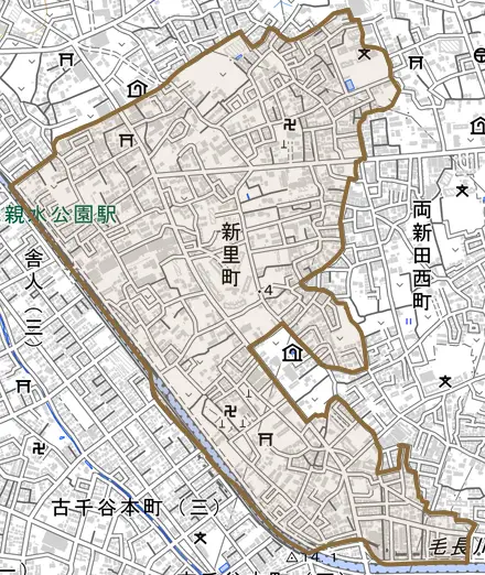新里町とその周辺の地図。町の範囲を重ねている