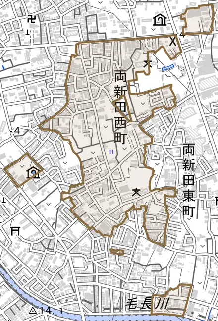 両新田西町とその周辺の地図。町の範囲を重ねている