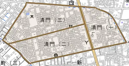 清門とその周辺の地図。町の範囲を重ねている