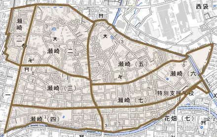 瀬崎とその周辺の地図。町の範囲を重ねている