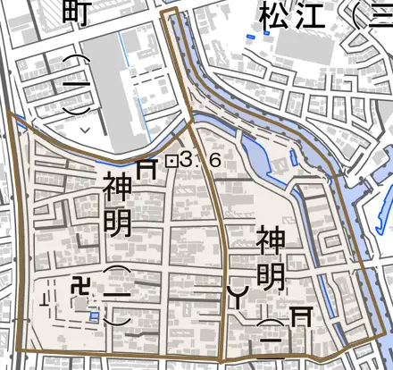 神明とその周辺の地図。町の範囲を重ねている