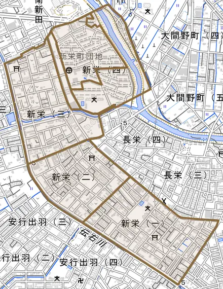 新栄とその周辺の地図。町の範囲を重ねている