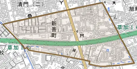 新善町とその周辺の地図。町の範囲を重ねている
