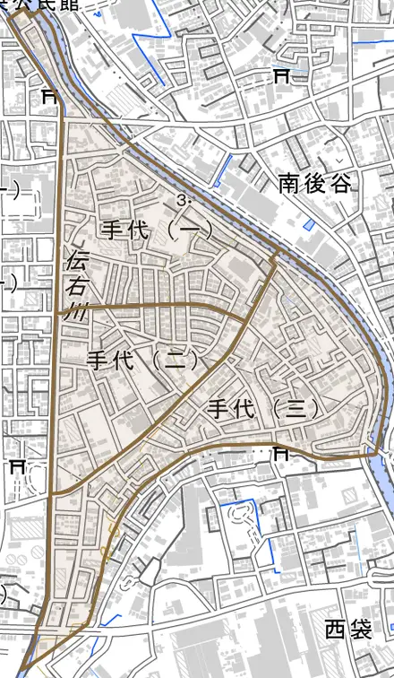 手代とその周辺の地図。町の範囲を重ねている
