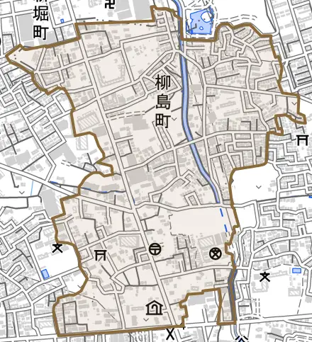 柳島町とその周辺の地図。町の範囲を重ねている