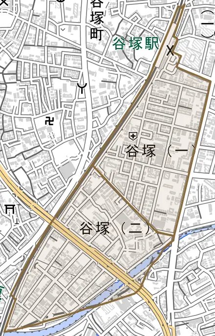 谷塚とその周辺の地図。町の範囲を重ねている