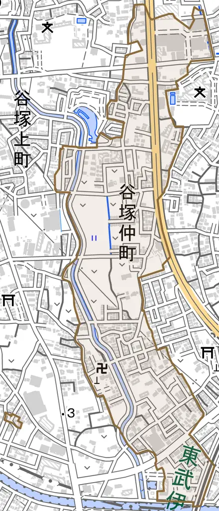 谷塚仲町とその周辺の地図。町の範囲を重ねている