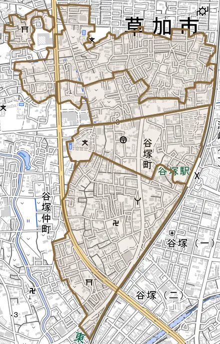 谷塚町とその周辺の地図。町の範囲を重ねている