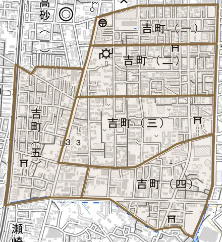 吉町とその周辺の地図。町の範囲を重ねている