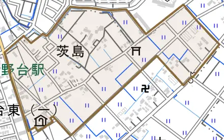 大字茨島とその周辺の地図。町の範囲を重ねている
