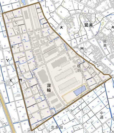 大字深輪とその周辺の地図。町の範囲を重ねている