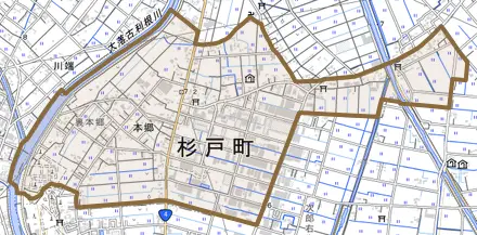 大字本郷とその周辺の地図。町の範囲を重ねている
