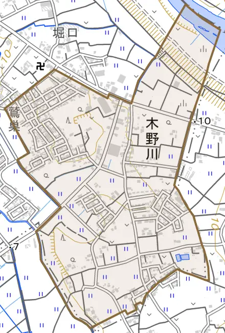 大字木野川とその周辺の地図。町の範囲を重ねている
