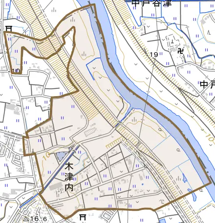 大字木津内とその周辺の地図。町の範囲を重ねている