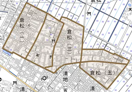 倉松とその周辺の地図。町の範囲を重ねている