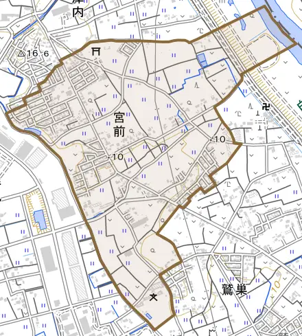 大字宮前とその周辺の地図。町の範囲を重ねている