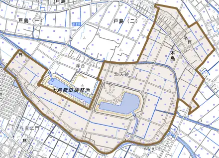 大字本島とその周辺の地図。町の範囲を重ねている