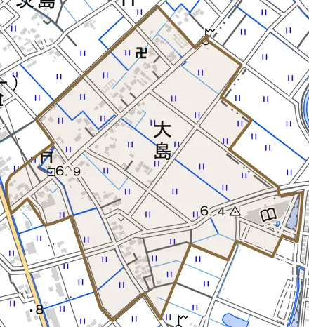 大字大島とその周辺の地図。町の範囲を重ねている